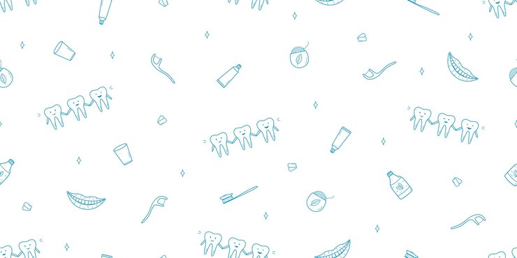 Iconos de conjunto de odontología con patrón sin costuras Ilustración vectorial de elementos para el tratamiento y el cuidado de los dientes Papel de pared de fondo