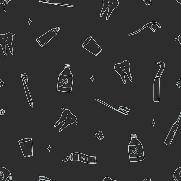 Iconos de conjunto de odontología con patrón sin costuras Ilustración vectorial de elementos para el tratamiento y el cuidado de los dientes Papel de pared de fondo