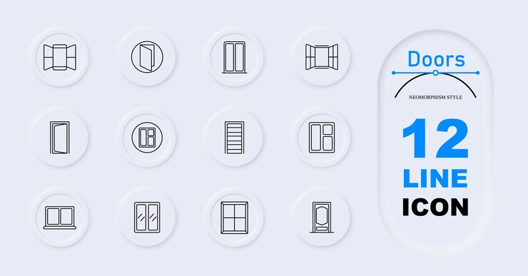 Iconos de conjunto de puertas Puertas abiertas Puertas cerradas Puertas de panel Puertas deslizantes Puertas arqueadas Puertas de vidrio Puertas de entrada