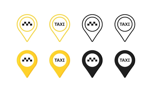 Iconos de conjunto de puntos de interés Íconos de taxi Silueta lineal y estilo plano Íconos vectoriales