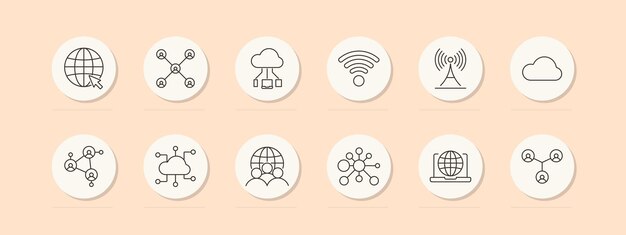 Iconos de conjunto de redes Conexiones de usuarios globo almacenamiento en la nube señal wifi nube nodos de redes sociales portátil internet Concepto de conectividad de tecnología de comunicación Iconos vectoriales de línea