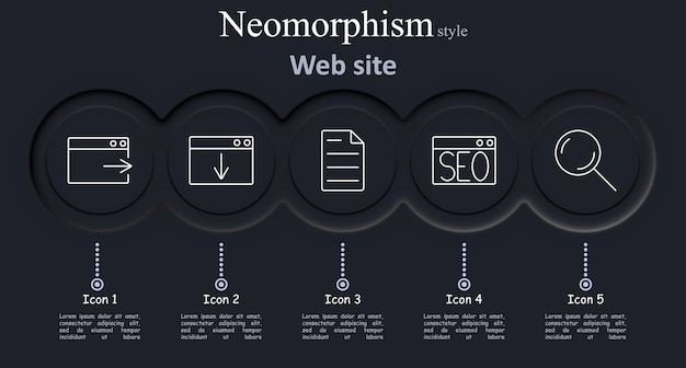 Iconos de conjunto de sitios web Redirigir descarga de documentos SEO búsqueda en Internet optimización web tecnología de archivos ilustración vectorial iconos de neomorfismo