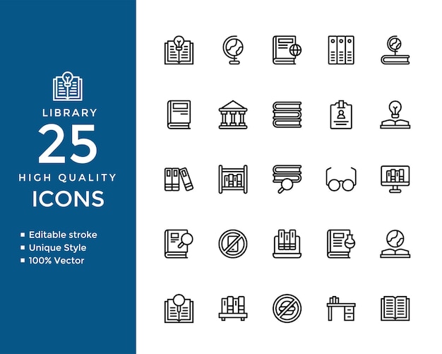 Iconos Conjunto vectorial de educación Biblioteca Libros escolares Aprendizaje y símbolos académicos