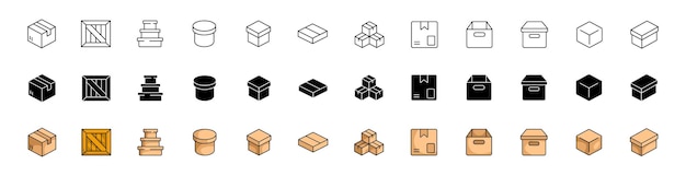 Iconos de conjuntos de cajas Estilos de silueta lineal y plana Iconos vectoriales
