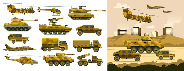 Vector iconos y conjuntos de ilustraciones de vehículos militares dibujados a mano