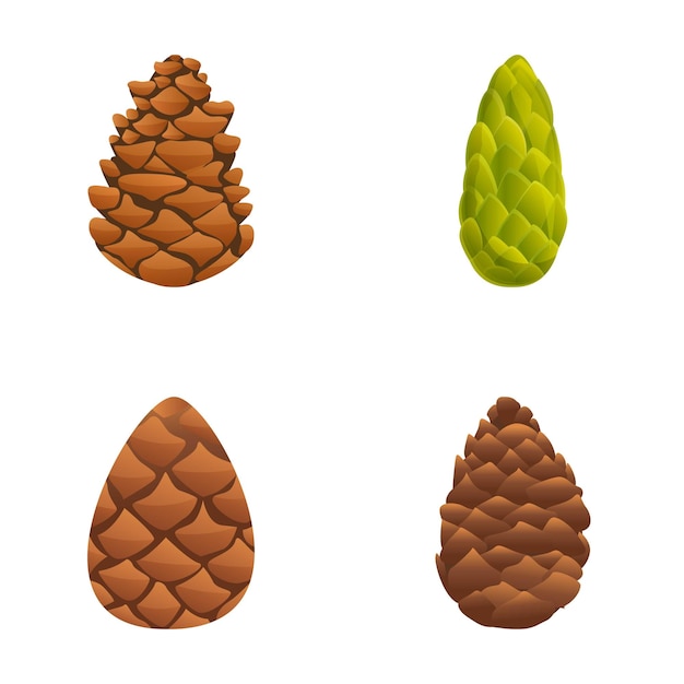 Iconos de conos de coníferas conjuntos de vectores de dibujos animados varios conos de árboles coníferos medio ambiente de semillas de plantas