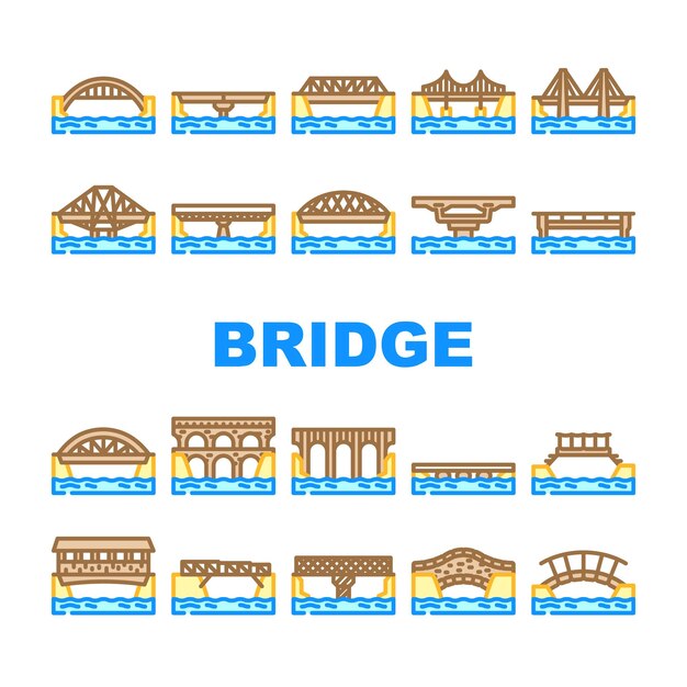 Iconos de construcción de puentes y ríos