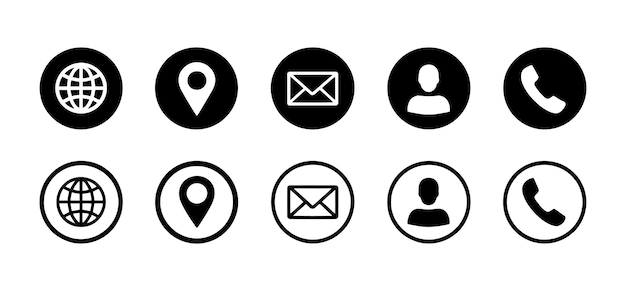 Iconos de contacto minimalistas con el diseño de símbolos de usuario de correo electrónico y teléfono de la ubicación del globo