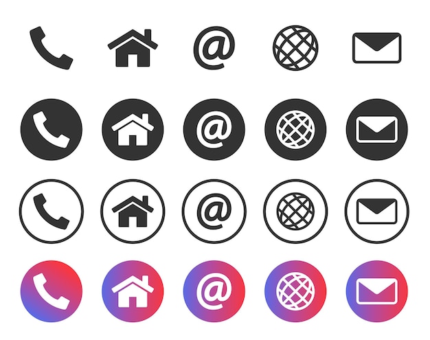 Iconos de contacto Símbolos de información establecidos Dirección de teléfono, correo y iconos de comunicación Vector