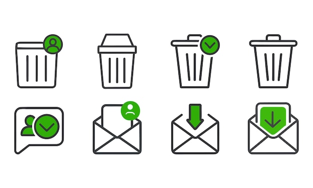 Iconos del contenedor de basura y del mensaje Contorno con ilustración vectorial de acentos verdes