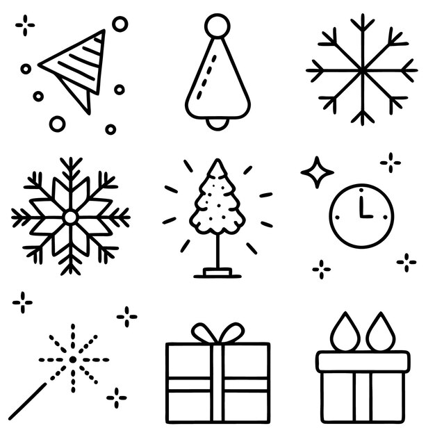 Iconos del contorno del año nuevo Ilustración vectorial del paquete