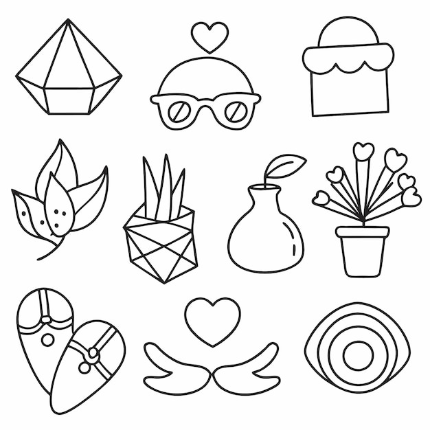 Iconos de contorno en blanco y negro dibujados a mano con naturaleza amorosa y formas geométricas