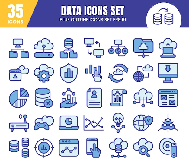 Iconos de contorno de color azul de la base de datos conjunto de estadísticas de análisis de datos señales web ilustración vectorial