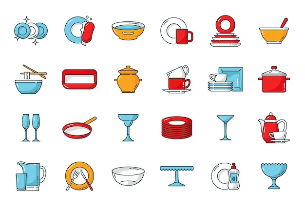 Iconos de contorno de color de utensilio de plato de plato de cocina