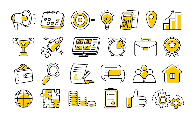 Iconos de contorno dibujados a mano para negocios y marketing Iconos vectoriales