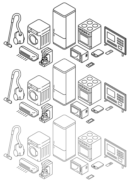 Iconos de contorno isométrico, conjunto, hogar electrónico. Iconos de líneas finas.