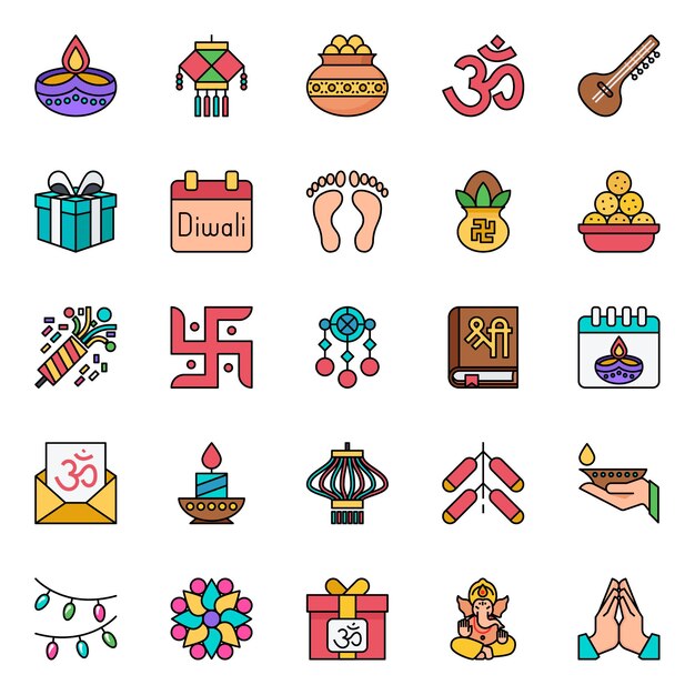 Vector iconos de contorno llenos para feliz diwali