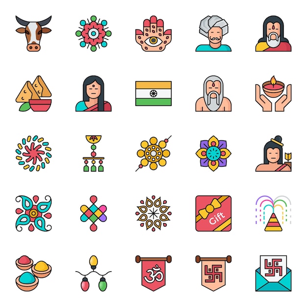 Iconos de contorno llenos para Feliz Diwali