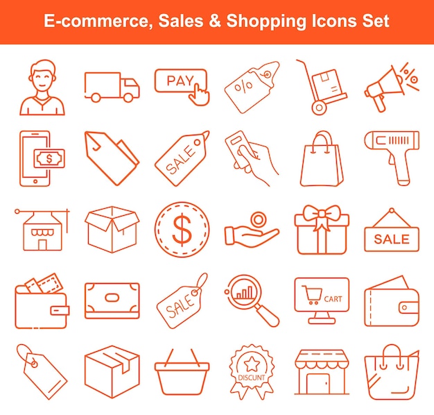 Los iconos de contorno naranja muestran elementos relacionados con las ventas minoristas y las compras sobre un fondo blanco