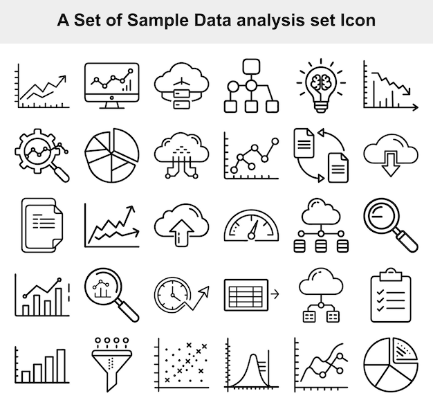 Los íconos de contorno negro de análisis de datos ilustran los procesos impulsados por datos