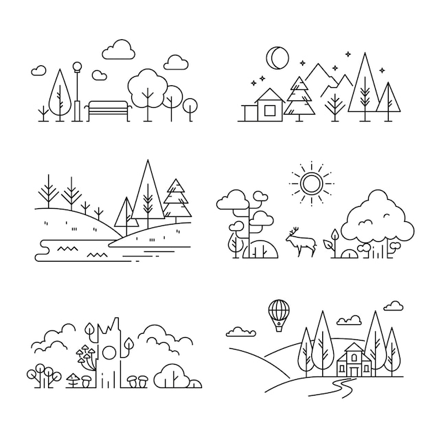 Iconos de contorno de paisaje de naturaleza