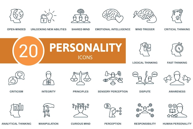 Iconos de contorno de personalidad Iconos creativos de mente abierta