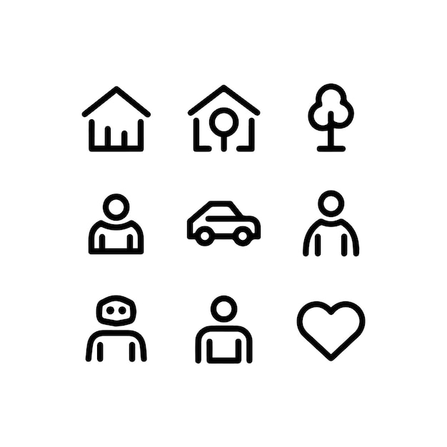Iconos de contorno plano para conceptos de hogar y familia