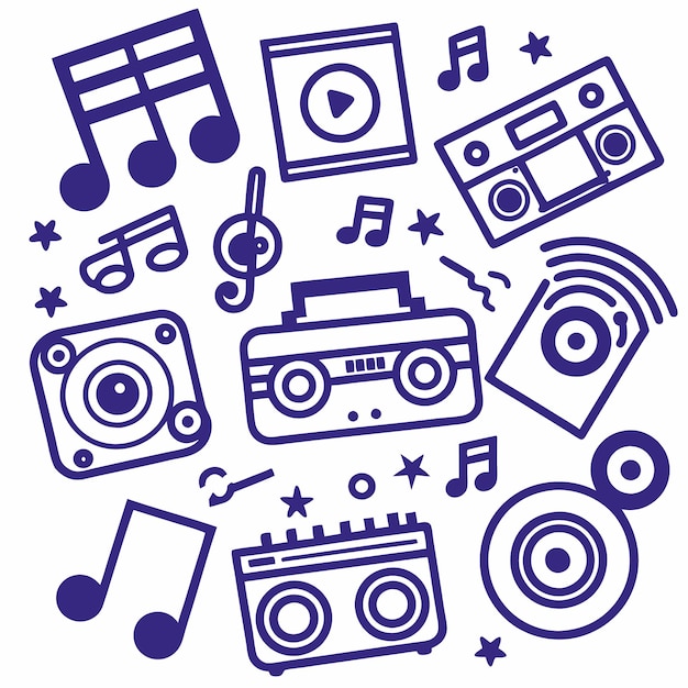 Iconos de contorno púrpura de equipos y notas musicales