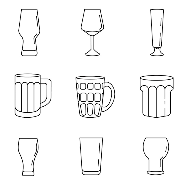 Iconos de contorno de taza de cerveza colocados en fondo blanco