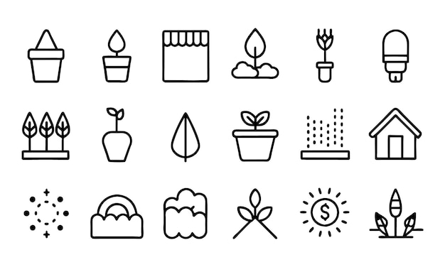 Iconos de contorno de trazo editable de suelo y jardinería aislados sobre fondo blanco