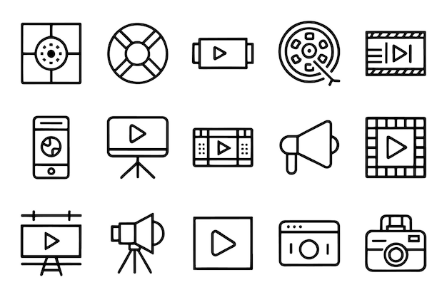 Iconos de contorno de trazo editable de videojuegos de danza de cine, ilustración vectorial plana aislada en fondo blanco