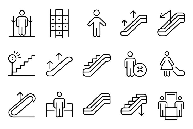 Vector iconos de contorno de trazo negro relacionados con el concepto de escaleras mecánicas y escaleras arriba y abajo
