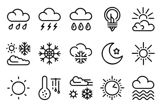 Iconos de contorno de trazos editables relacionados con el clima y la meteorología, con ilustración vectorial plana aislada en fondo blanco