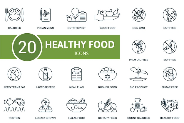 Vector los íconos de los contornos de los alimentos saludables establecen íconos creativos calorías veganas