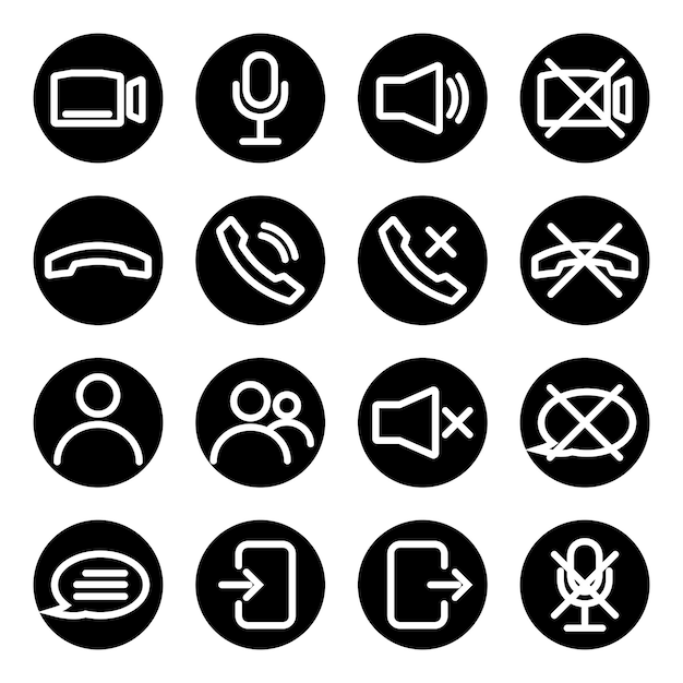 Iconos de control de chat de video o transmisión de seminarios web. Altavoz, micrófono, cámara de video, teléfono, grabación y otros íconos relacionados. Iconos básicos para videoconferencia, seminario web y chat de video