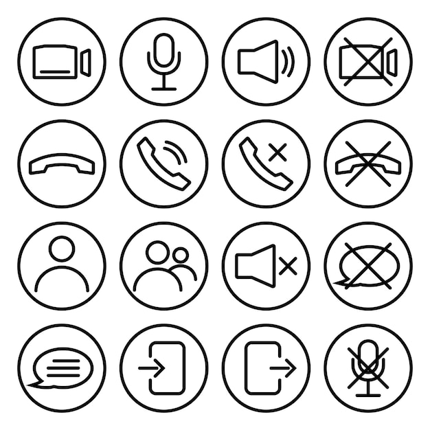 Iconos de control de chat de video o transmisión de seminarios web. Altavoz, micrófono, cámara de video, teléfono, grabación y otros íconos relacionados. Iconos básicos para videoconferencia, seminario web y video chat. Vector