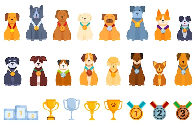 Iconos de la copa de trofeo del campeón del perro conjunto de vector de dibujos animados espectáculo de cachorros de podio