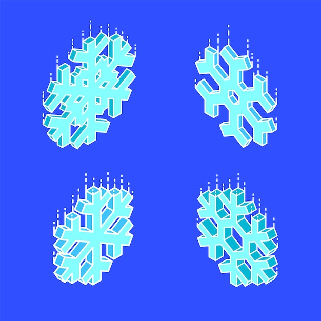 Los iconos del copo de nieve caídos geométricos isométricos del diseño del esquema del vector fijaron fondo azul aislado