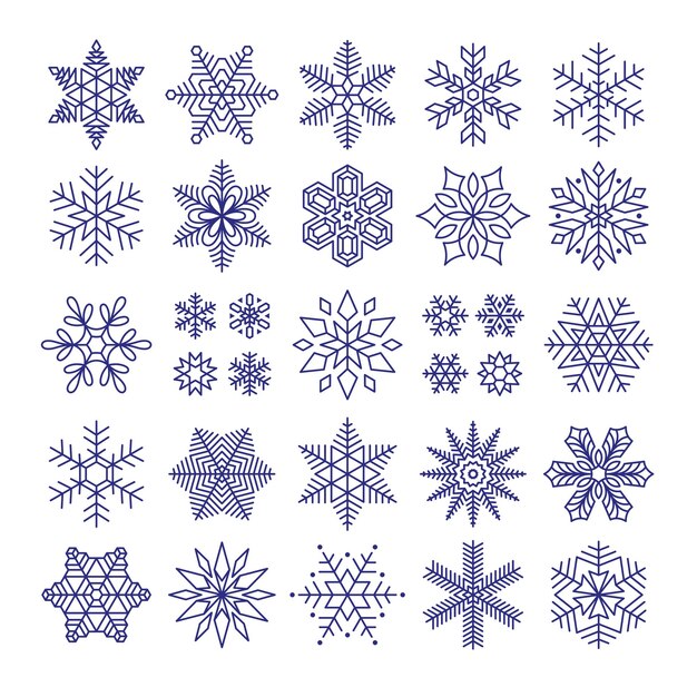 Iconos de copos de nieve aislados Línea copo de nieve forma simple elementos decorativos de vacaciones de invierno planas Formas de cristal de hielo natural pegatinas de navidad conjunto de vectores ordenados