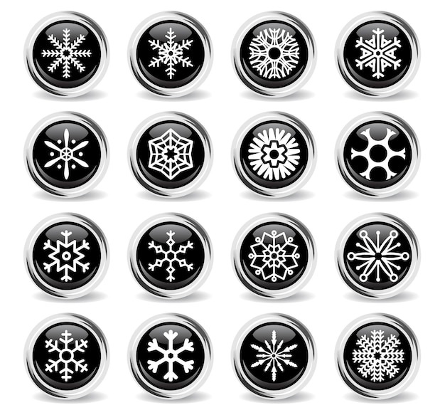 Iconos de copos de nieve en botones negros redondos con anillo de metal