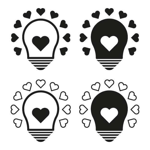 Iconos de corazón de bombilla Forma de idea romántica Símbolo foco de amor Signo de pasión vectorial