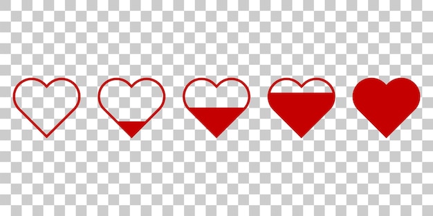 Iconos de corazón rojo vector Un corazón que llena gradualmente su contenido Corazón en el backgr transparente