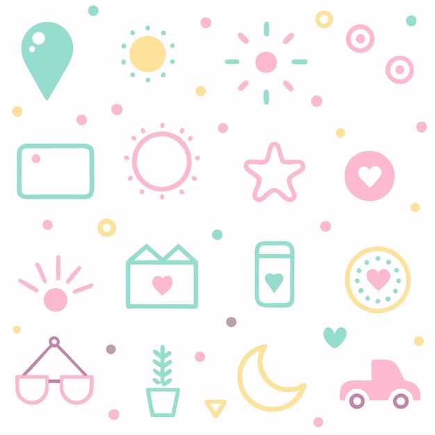 Iconos de corazones dibujados a mano, estrellas, soles, coches y más.