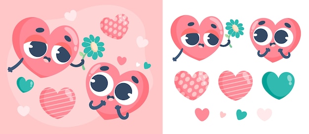 Iconos de corazones de dibujos animados e ilustración en diseño plano