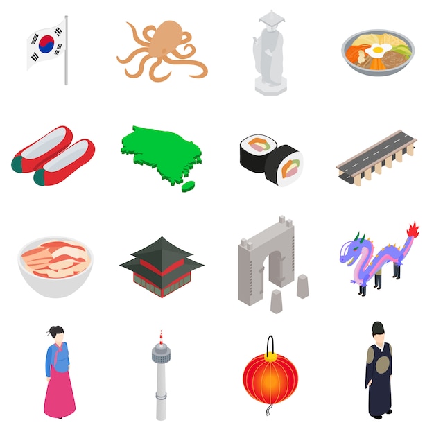 Los iconos de la Corea del sur fijaron en el estilo isométrico 3d aislado en el fondo blanco