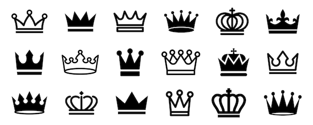 Iconos de corona Conjunto de corona Iconos lineales y de silueta Vector