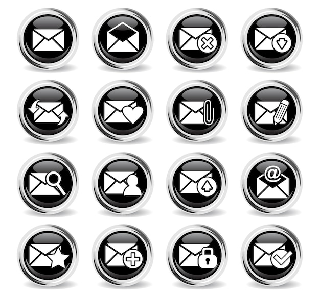 Iconos de correo y sobre en botones negros redondos con anillo de metal
