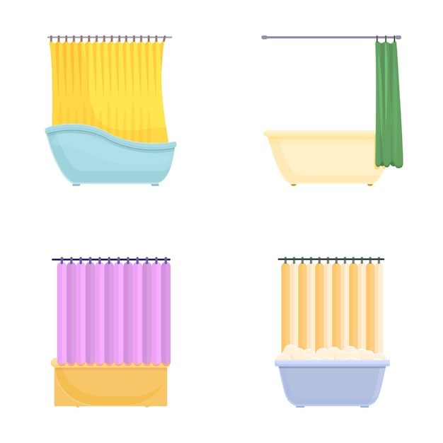 Iconos de cortinas de baño conjuntos de vectores de dibujos animados cortina de ducha abierta y cerrada de colores