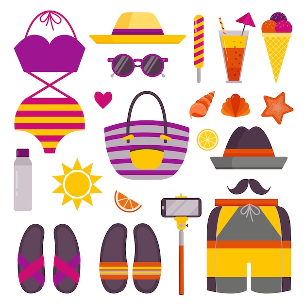 Vector iconos de cosas y accesorios de playa de verano