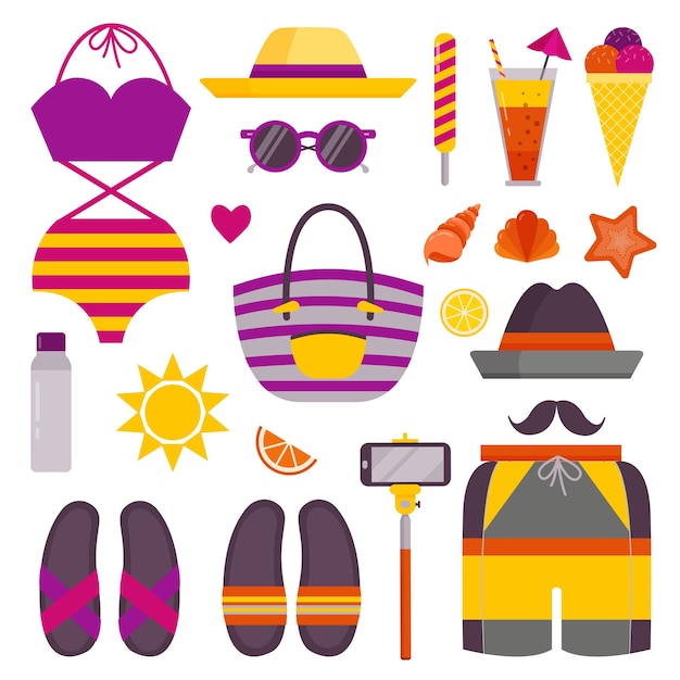 Iconos de cosas y accesorios de playa de verano